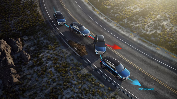 creta_seguranca_esp.avif Ilustração de funcionamento do Controle Eletrônico de Estabilidade, mostrando um CRETA azul desviando de um buraco em uma estrada.