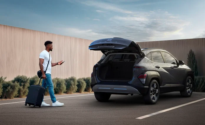 kona-porta-malas.webp.webp Homem abrindo o porta-malas do Novo KONA Hybrid na cor chumbo durante o dia.