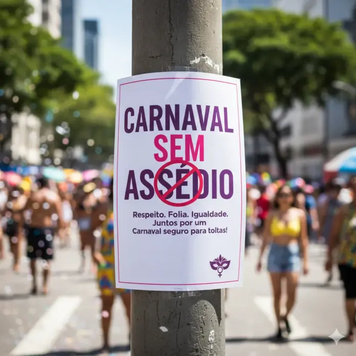 Carnaval sem assédio-Arte Fonte em Foco-IA Cartaz informativo
