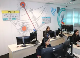 DF amplia proteção a mulheres com tecnologia e rede Sala de monitoramento de agressores do DF com mulheres trabalhando.