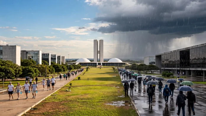 Chuva e sol em Brasília - Arte Fonte em Foco IA Chuva e sol em Brasília